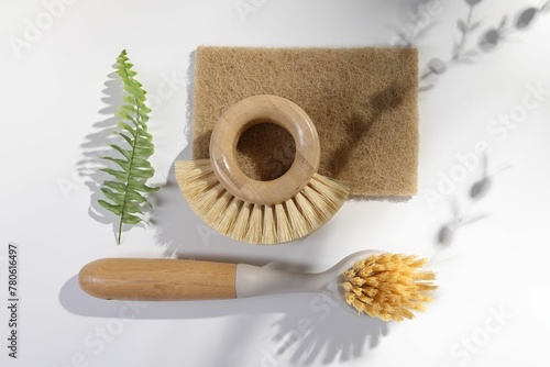 Cleaning brushes, sponge and fern leaf on white background, flat lay