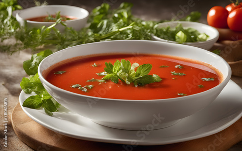 Spanish gazpacho, chilled tomato soup, fresh herbs, white bowl, bright outdoor light