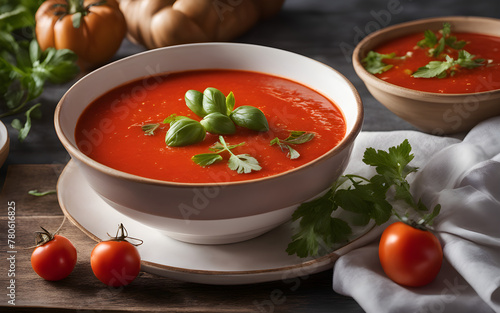 Spanish gazpacho, chilled tomato soup, fresh herbs, white bowl, bright outdoor light