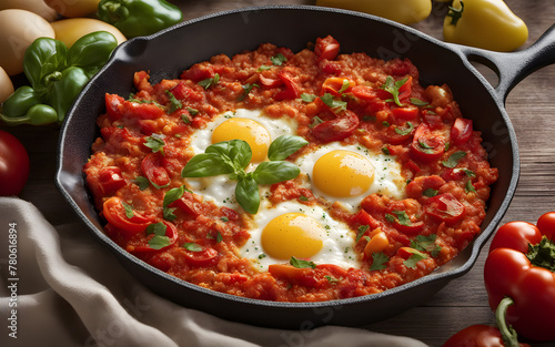 Turkish menemen, scrambled eggs, tomatoes, peppers, cast iron skillet, early morning light