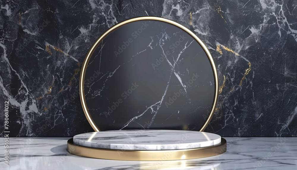Fototapeta premium black and golden marble product podium display for advertising, luxurious marble with circular platform backdrop