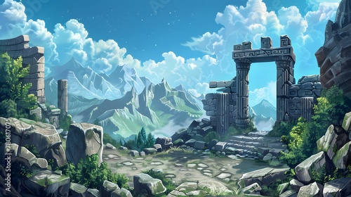 Ruins of an ancient temple in a mountain valley with a blue sky and white clouds