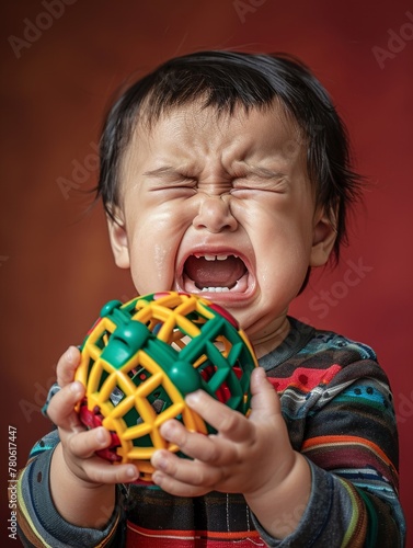 Image of Southeast Asian toddler, 2-3, lobbing a toy, breaking impact, wrathful face, suited for parenting magazine, rich tones. photo