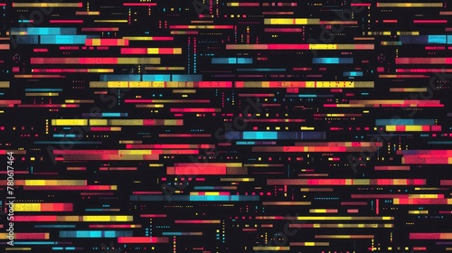 a colorful vector pattern of pixelated lines, designed to resemble the glitch effect from old video game screens. The design should feature an array of bright colors such as reds, yellows and blues
