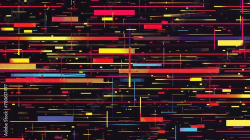 a colorful vector pattern of pixelated lines, designed to resemble the glitch effect from old video game screens. The design should feature an array of bright colors such as reds, yellows and blues