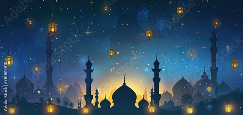 Eid mubarak and ramadan kareem greetings with islamic lantern © Miyanto