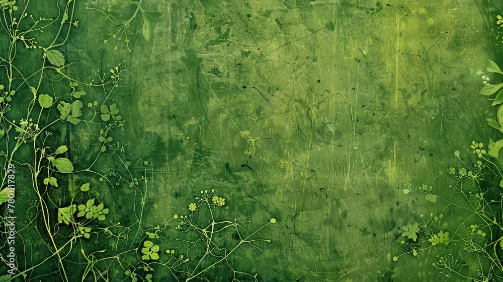 Fototapeta premium A green background with an abstract pattern, featuring small flowers and leaves in shades of emerald and lime green. The edges have distressed textures that give it an old-fashioned feel