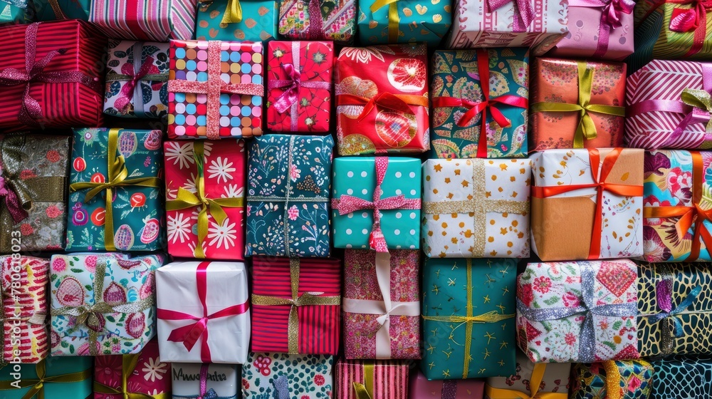 A pile of colorful wrapped gifts, including paper and ribbons in various patterns and designs, are arranged neatly on top of each other to create an eyecatching background. A pile of colorful wrapped gifts, including paper and ribbons in various patterns and designs, are arranged neatly on top of each other to create an eyecatching background.