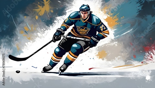 Illustration of a hockey player in action on a grunge vintage background. Banner design for sporting events. Old sports card or postcard concept.
 photo