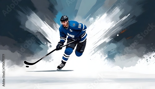 Illustration of a hockey player in action on a grunge vintage background. Banner design for sporting events. Old sports card or postcard concept. 