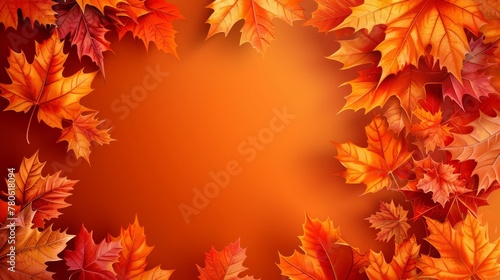 An orange background decorated with lively maple leaves creates a warm and inviting atmosphere. Reminiscent of the cozy atmosphere of autumn. With plenty of space for text