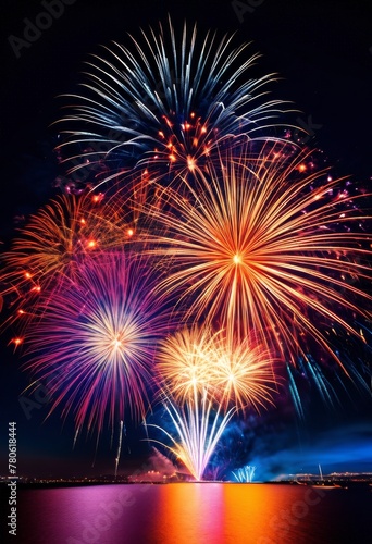illustration, vibrant long exposure fireworks display festive event, celebration, colorful, night, sky, party, explosion, bright, show, streaks, motion