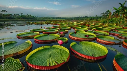 Giant water lilies (Victoria amazonica) on a pond at sunset photo