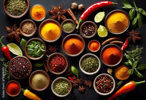 illustration, vibrant kitchen spices ingredients still life composition, cinnamon, pepper, garlic, onion, herbs, cooking, food, recipe, flavor, aroma