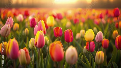 A beautiful expanse of colorful tulip flowers in full bloom, showcasing a range of stunning shades.  #780618613