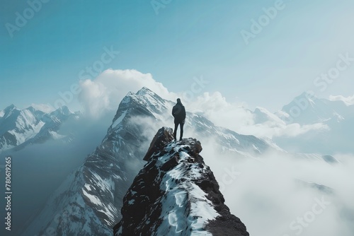 Man stands on snowy peak in a majestic mountain landscape © Vladimir