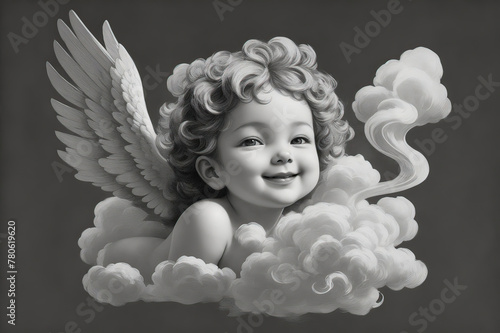drawing of cute angel girl in vintage black and white style