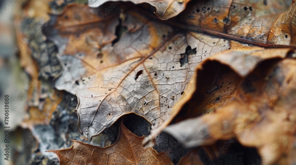 Close-up of dry autumn leaves with holes and dew drops.