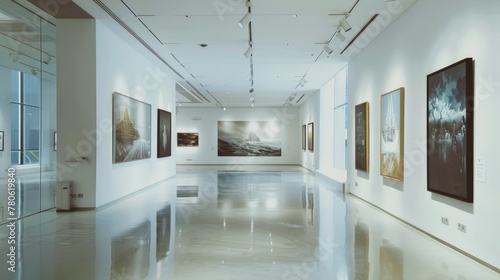 Art gallery interior with various framed photographs on walls.