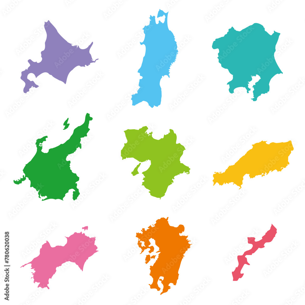 日本の９つの地方のアイコン、カラフルで明るい色