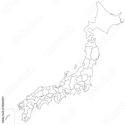 日本の47都道府県、島を省略したシンプルな日本地図、白黒の線画