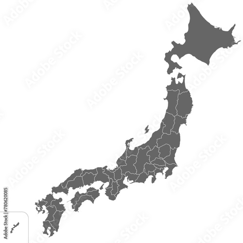 日本の47都道府県、島を省略したシンプルな日本地図、モノクロ photo