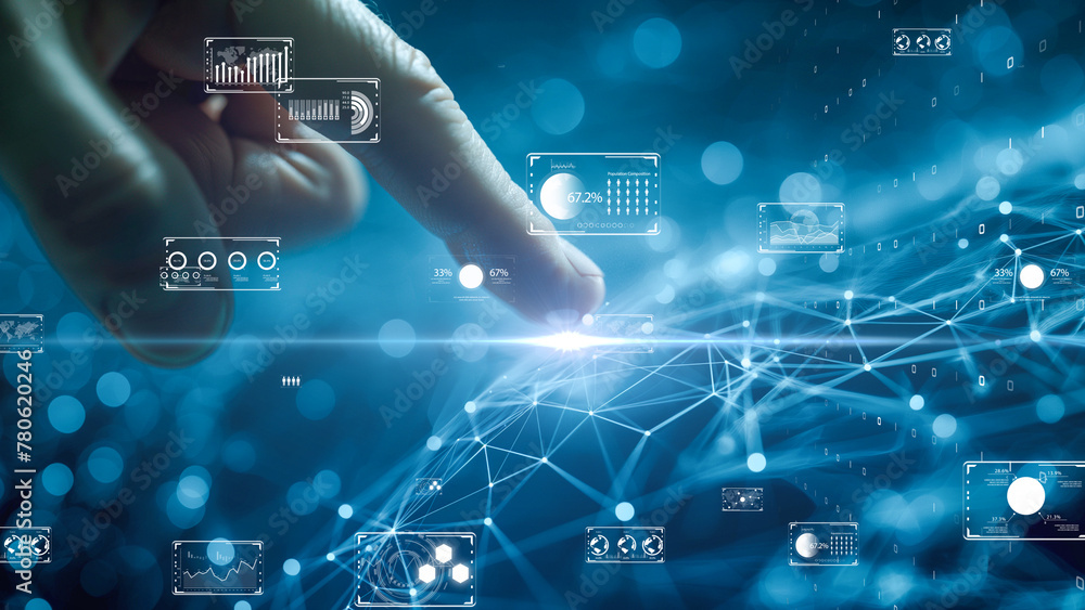 Obraz premium Conceptual digital world with dynamic infographics, human touch interaction, digitalization and computing background.