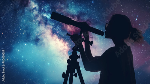 Silhouette of a woman who explores the starry sky through a telescope, against the backdrop of a starry night sky with stars. Women's profession, hobby, scientific work © ximich_natali