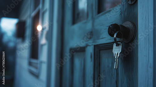 The image captures keys in an old lock with a focus on old, textured wooden door background at dusk photo