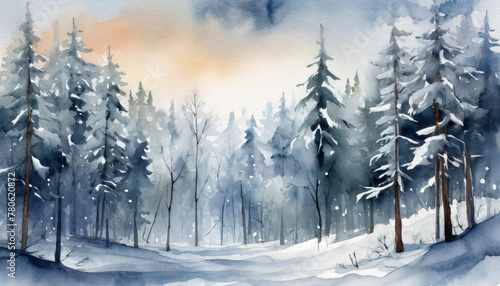 Winter watercolor landscape painting, calm snow-covered forest