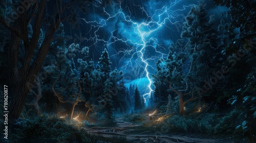 lightning in the forest at night time 