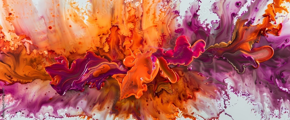 A burst of fiery orange and fuchsia erupts, creating an abstract spectacle of vivid liquid artistry." - obrazy, fototapety, plakaty 