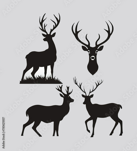 Set Black deer silhouette  symbolic image of wild animal standing and walking. Vector illustration    isolated on white background.