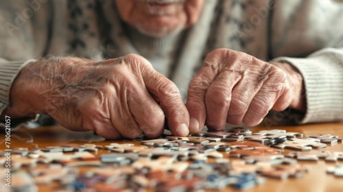 Elderly Man Focused on Assembling Jigsaw Puzzle Indoors