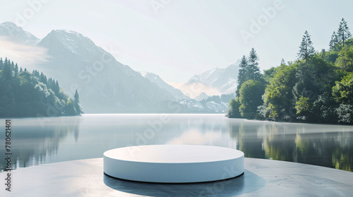 product podium display presentation with lake and snow mountains background for advertising © ciaoaleandro