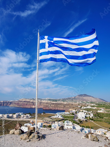 Greek Flag at the Venetian Castle, Akrotiri Village, Santorini (Thira) Island, Cyclades, Greek Islands photo