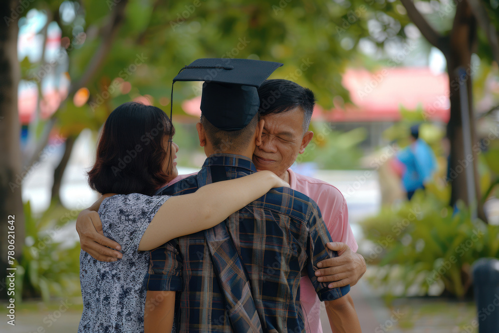 Naklejka premium Asian graduate in caps with tassels hugs his parents. End of study, graduation.