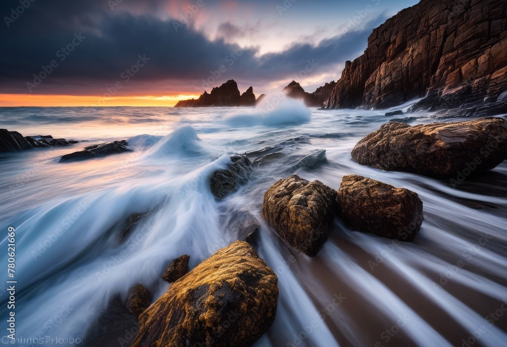 Obraz premium illustration, dramatic long exposure waves crashing rocks beach seascape, motion, blur, ocean, shoreline, water, coast, nature, scenic, seaspray, power
