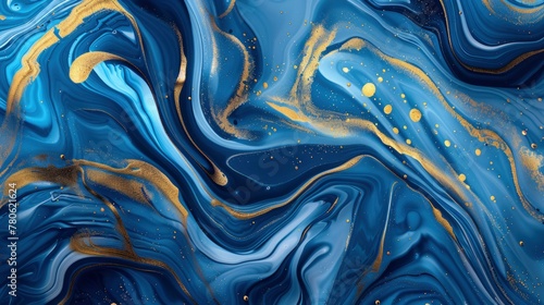 Abstract blue and gold liquid background with swirls of paint, creating an artistic pattern. Style raw stock photo in the style of social media banner for instagram styles,