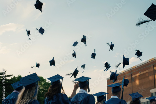 Graduates throw their caps into the sky. Happy college graduates tossing their caps up.