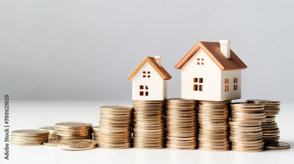 White wooden house models stands on a stacks of coins. Real estate concept. White wooden house models stands on a stacks of coins. Real estate concept.