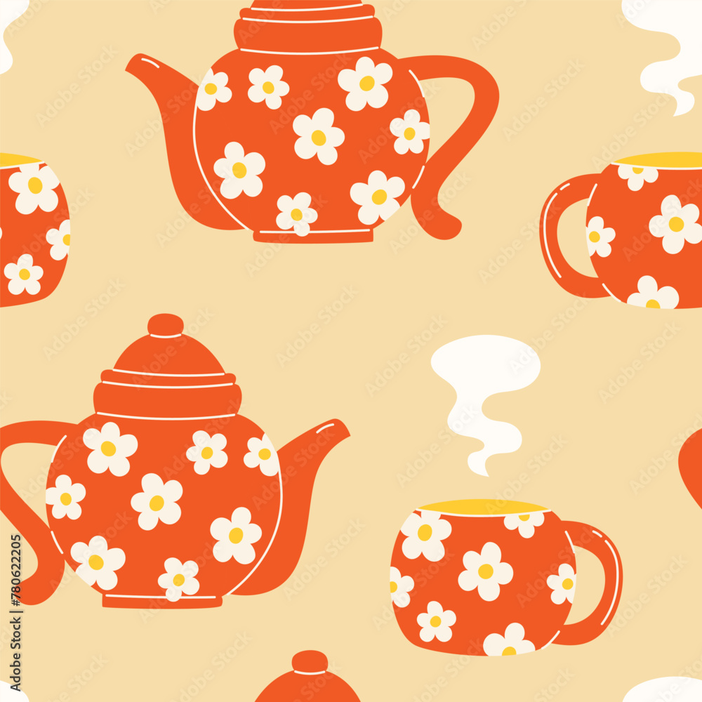 Seamless pattern with a teapot and cup set with chamomile hot tea - obrazy, fototapety, plakaty 
