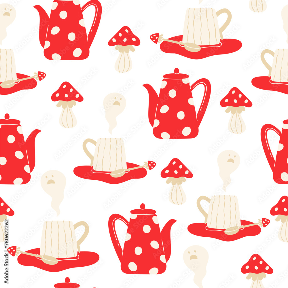 Seamless pattern with a teapot and a cup in the amanita style - obrazy, fototapety, plakaty 