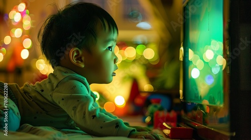 Toddler from Asia, rear-facing, absorbed in green TV screen, cluttered with toys, sharp focus, mellow lighting, low angle. photo