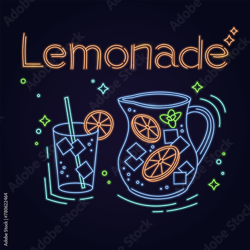 Neon cold lemonade isolated on black background.