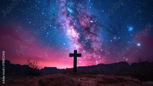 Photograph of Milky Way Galaxy with grain, Long Exposure,. The Milky Way and the cross above canyon