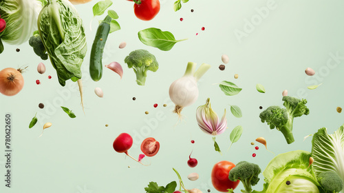 Fresh vegetables suspended in air against a green background, portraying health, vitality, and the concept of clean eating photo