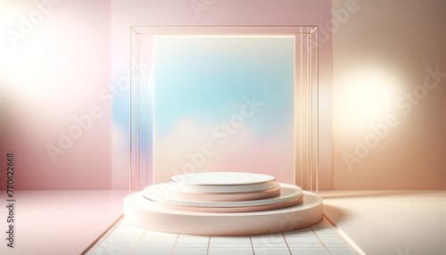 Beauty product podium  Empty and ready for spotlight bright  Light and glitter  Dreamy pastel backdrop.