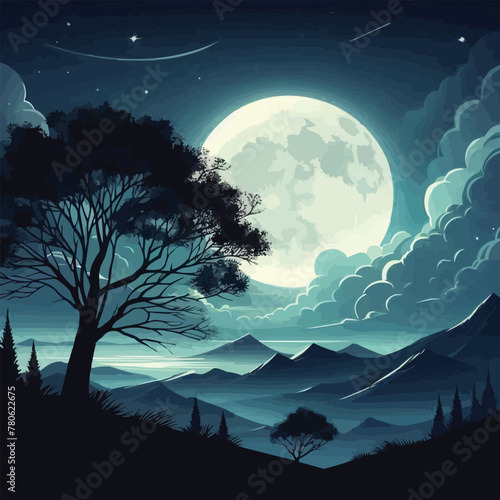 free vector Moonlight landscape with tree silhouette