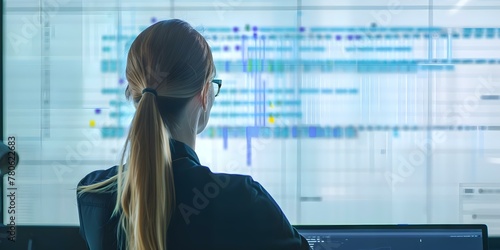 white woman Project manager looking at AR screen with Gantt chart schedule or planning showing tasks and deadlines photo